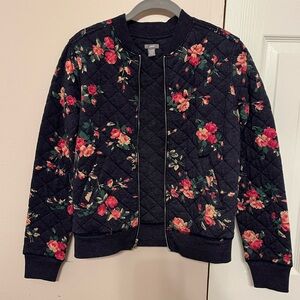 Aerie Navy and Floral Quilted Zip Up Jacket XS/S